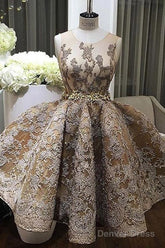 A-Line Jewel Sleeveless Short Prom Dress With Lace Appliques